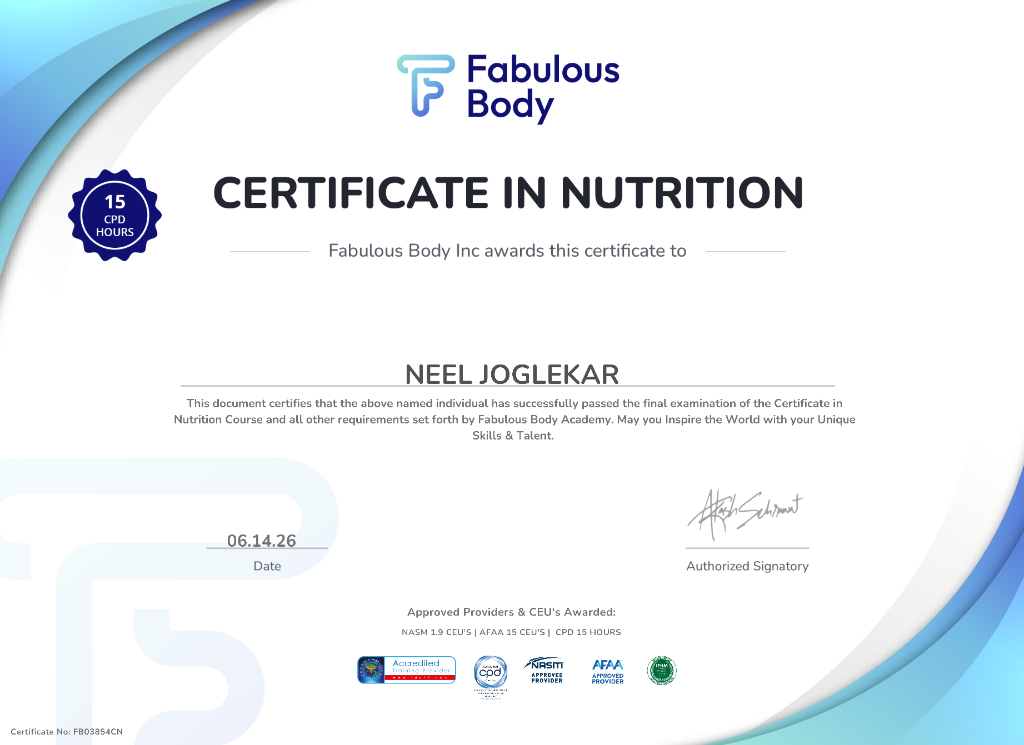 Certified in Nutrition - Neel Joglekar